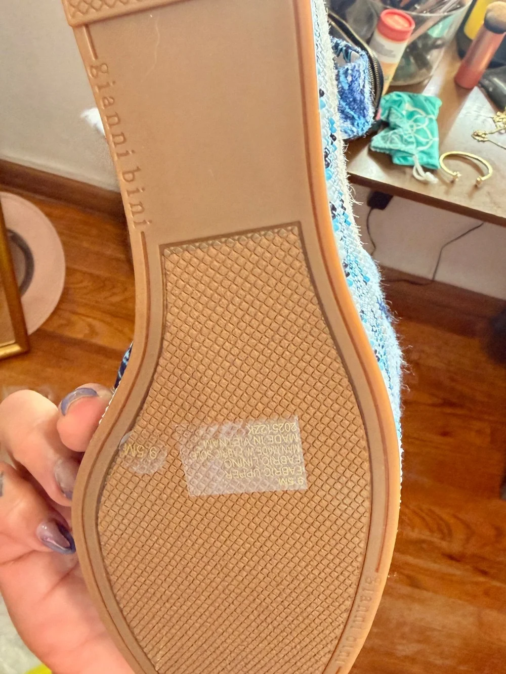Gianni Bini White & Blue Palm-Print Beaded Espadrille Wedge